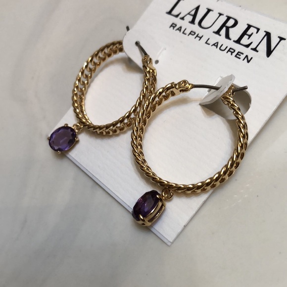 Lauren Ralph Lauren Gold Tone Chain Link Hoop Earrings Purple Crystal Charm NWT - Picture 6 of 12